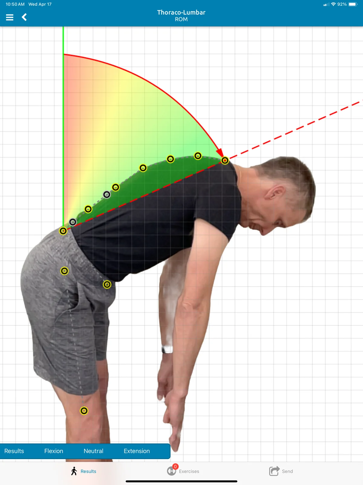 Thoraco-lumbar range of motion on iPad: a man in a forward bend with a large green and yellow angle wedge.