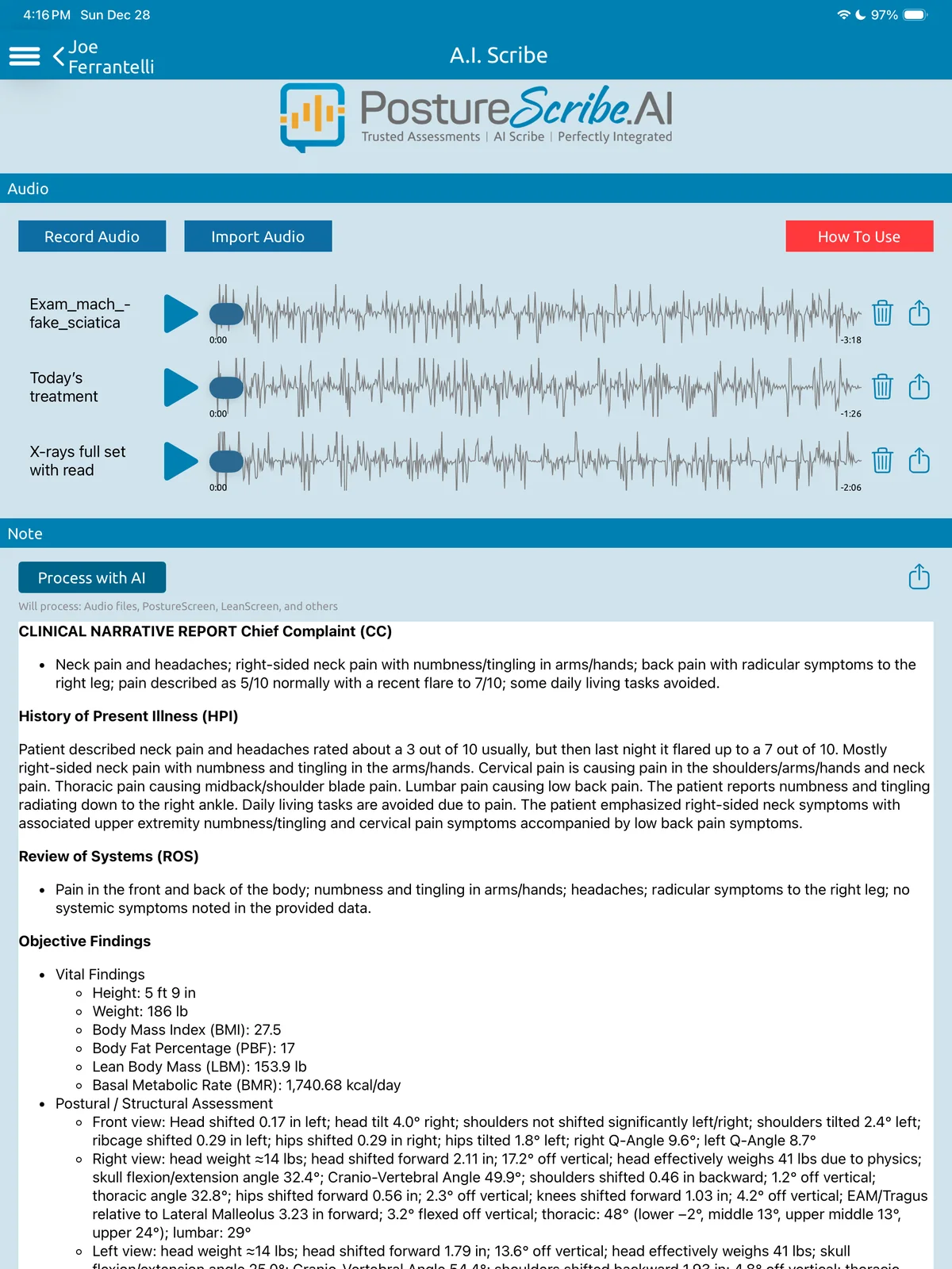 PostureScribe.AI on iPad: audio recordings with waveforms above a Clinical Narrative Report.