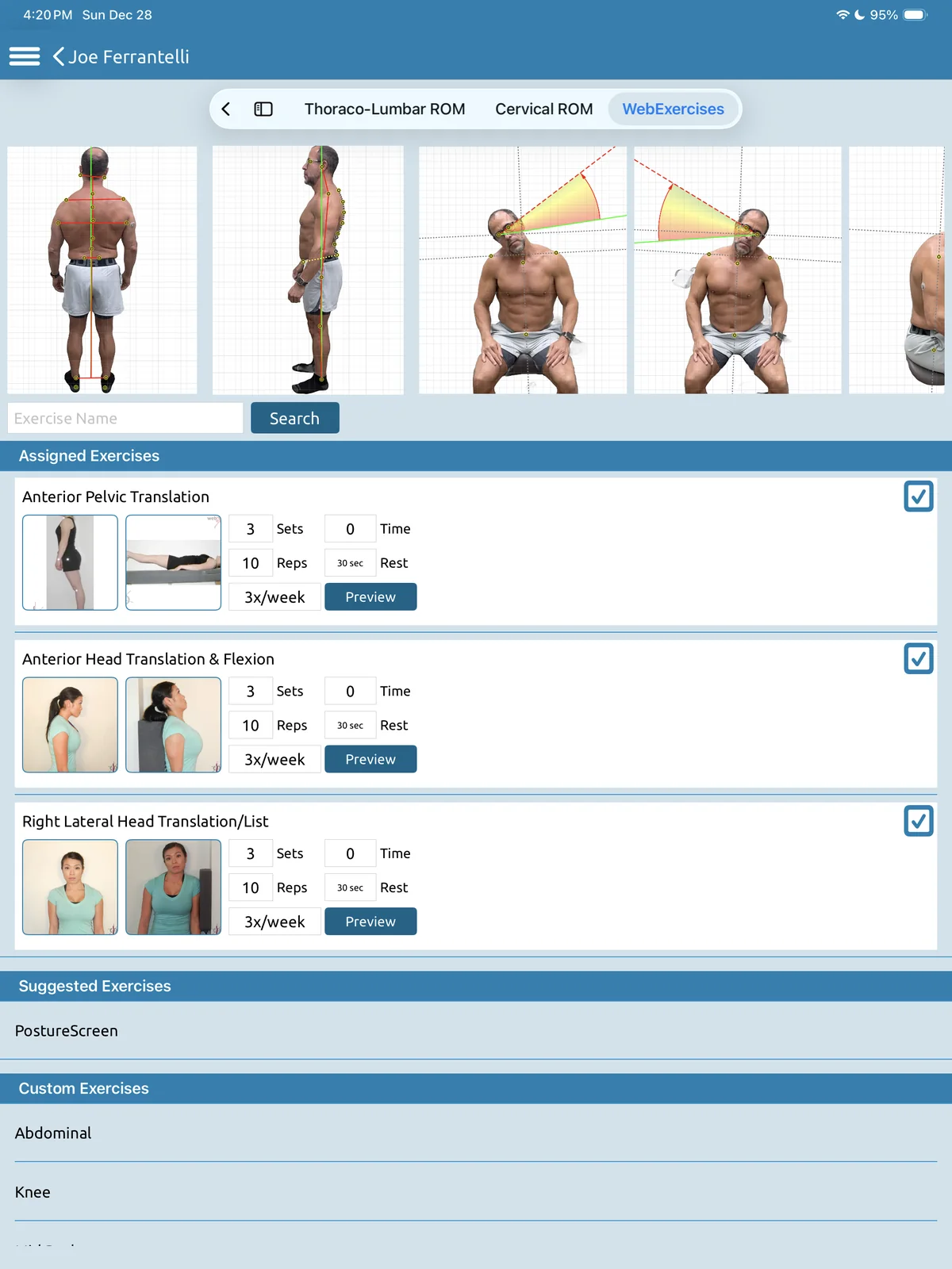 WebExercises inside PostureScreen: posture and range of motion photos above assigned exercises with sets, reps and frequency.