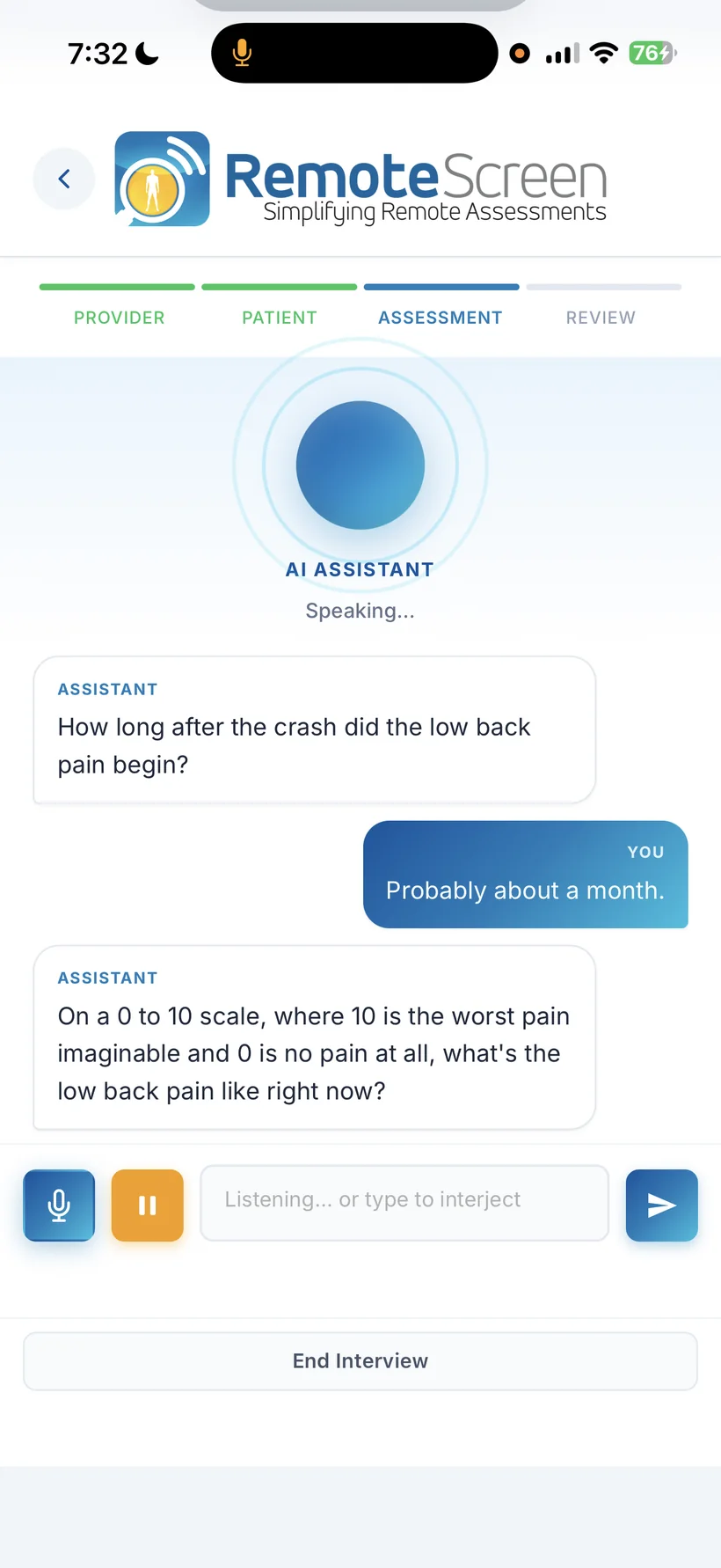 AI-guided intake on iPhone: the assistant asks the client to rate low back pain on a 0 to 10 scale.