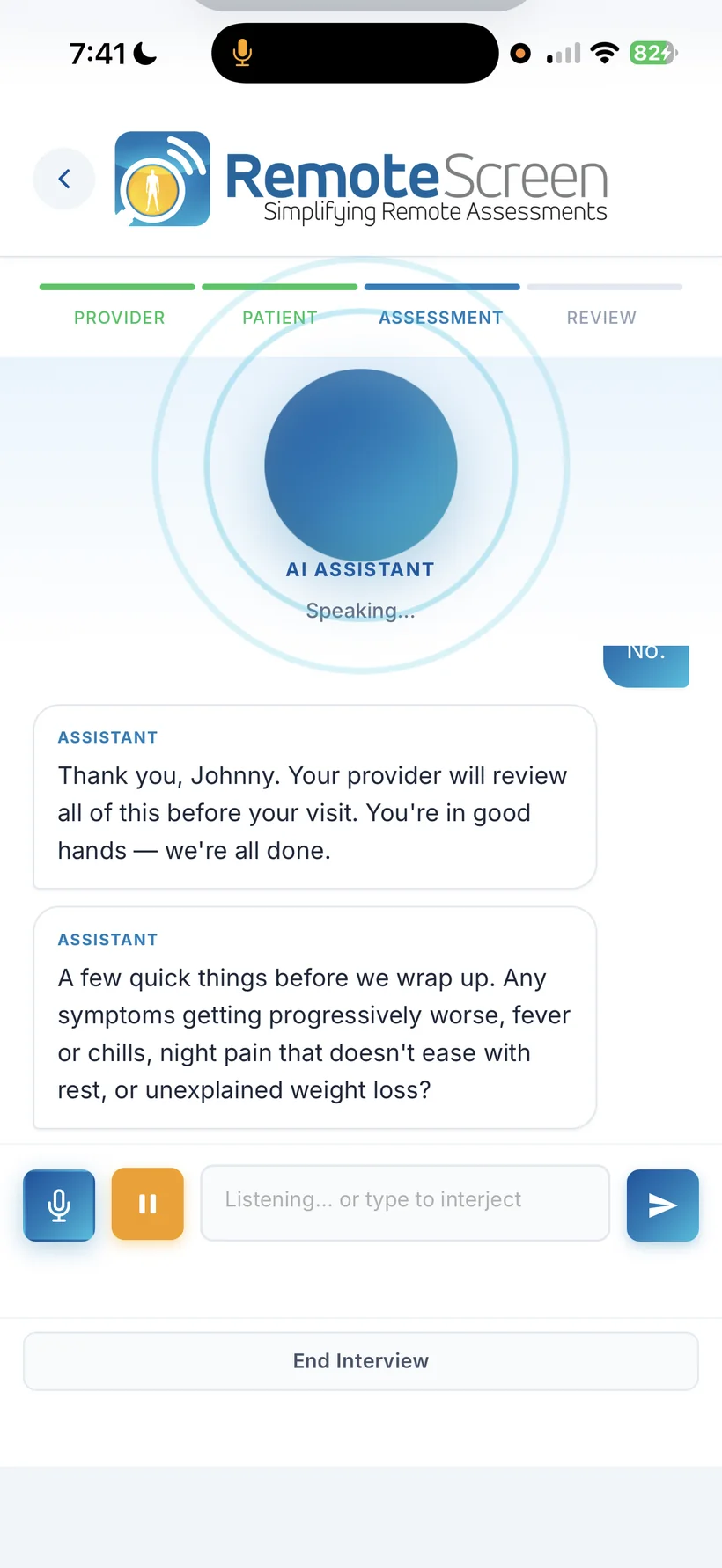 AI-guided intake on iPhone: the assistant asks about areas of concern, then closes: your provider will review all of this before your visit.