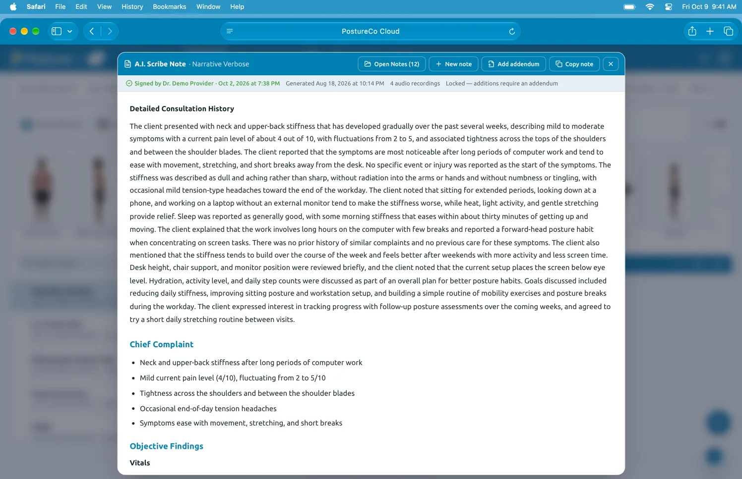 PostureCo Cloud preview, coming soon: a signed and locked PostureScribe.AI note for a demo client, with an addendum option.